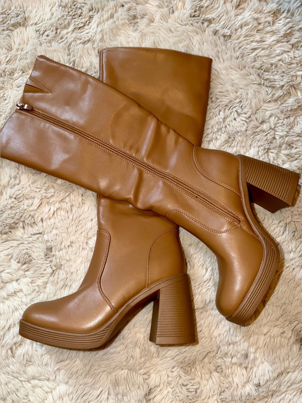 Women's Square Toe Platform Knee High Boots - Tan Brown Size 7